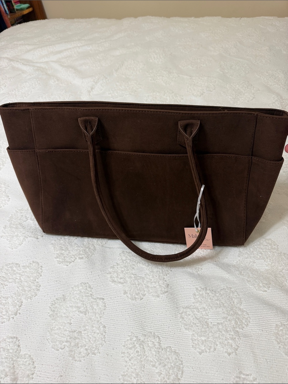 Dark Brown Suede Tote Bag with Front Pocket